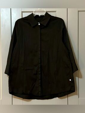 Perlavera Carrol Three Quarter Sleeve Length Gathered Back Shirt Black Sz Large
